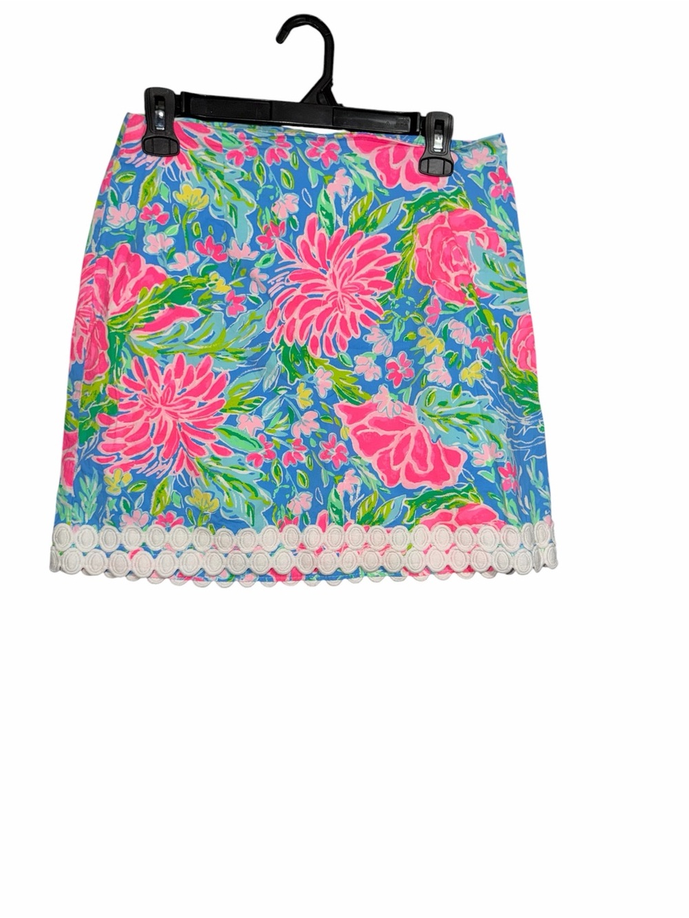 Lilly Pulitzer Blue Mini Skirt with Pink Floral Print & White Lace